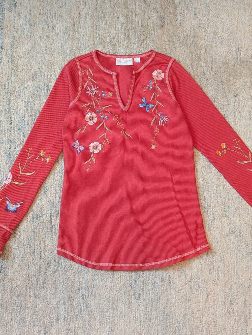 Belle by Kim Gravel Coral Ribbed Embroidered Long Sleeve Top